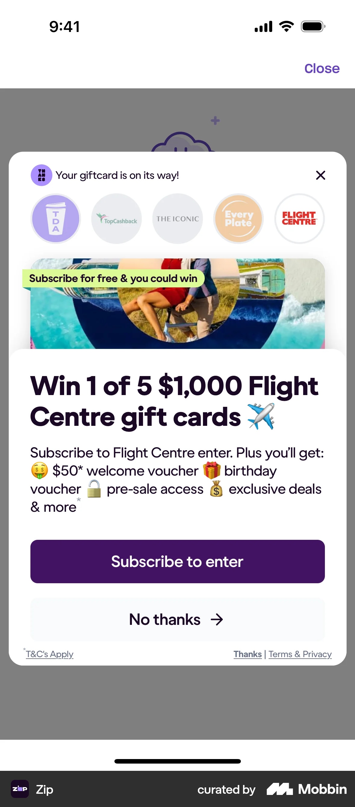 Zip iOS screen containing Dialog UI element