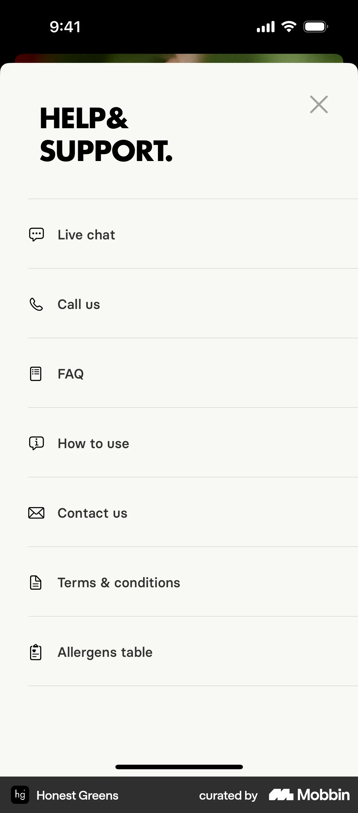Honest Greens iOS Help & Support screen