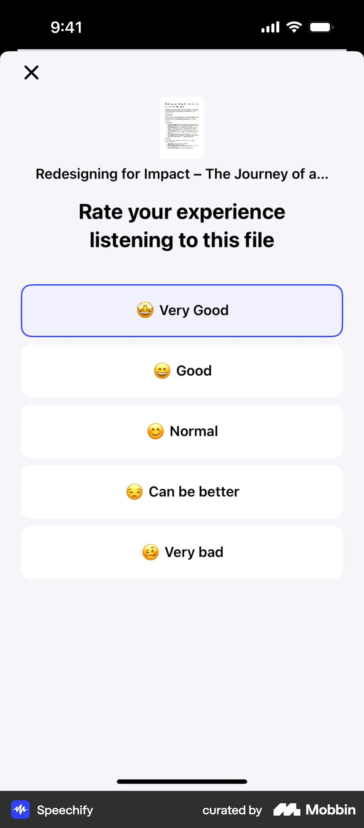 Speechify iOS Feedback screen