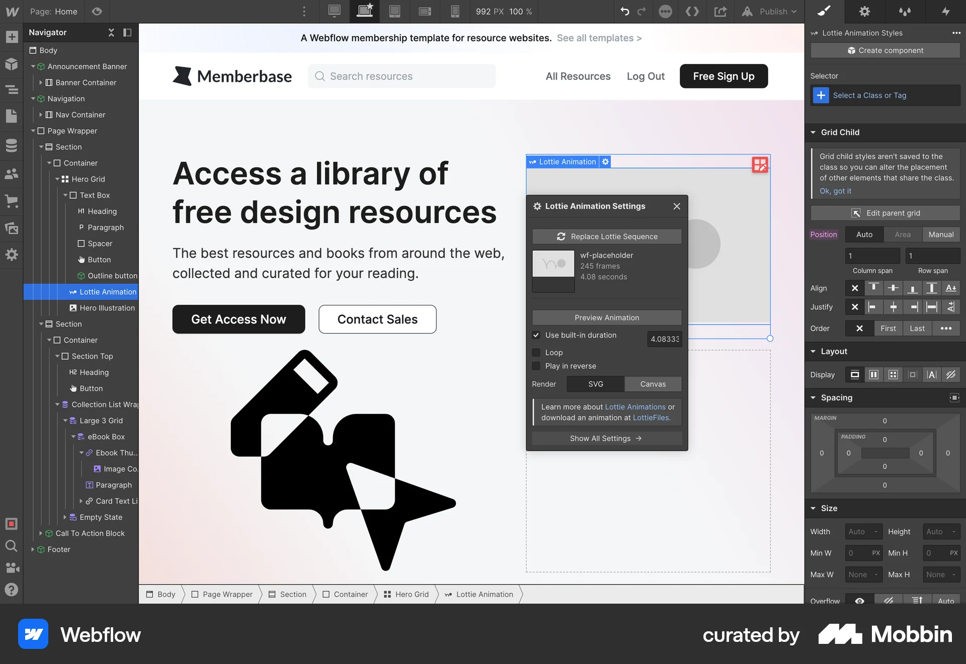 Webflow Web screen containing Popover UI element