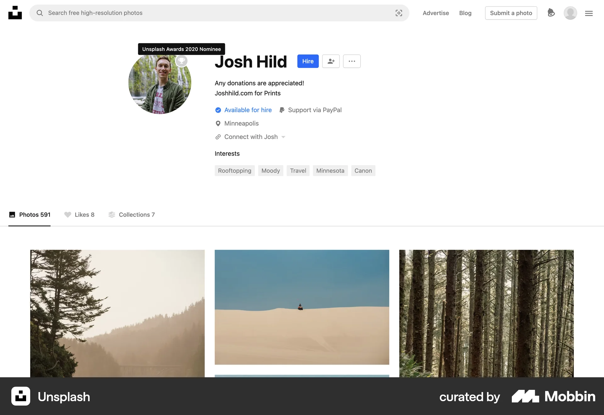 Unsplash Web Achievements & Awards screen