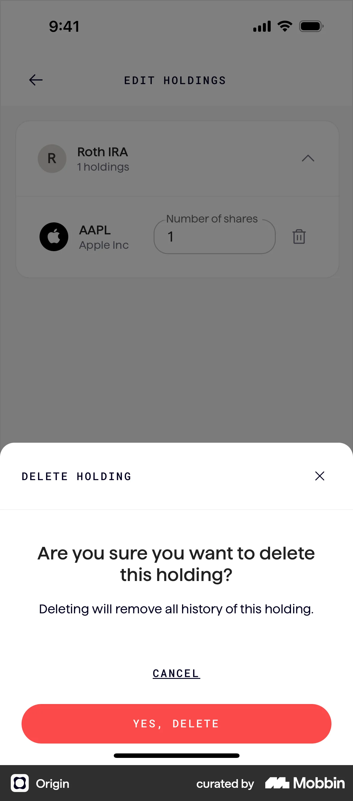 Origin iOS Confirmation screen