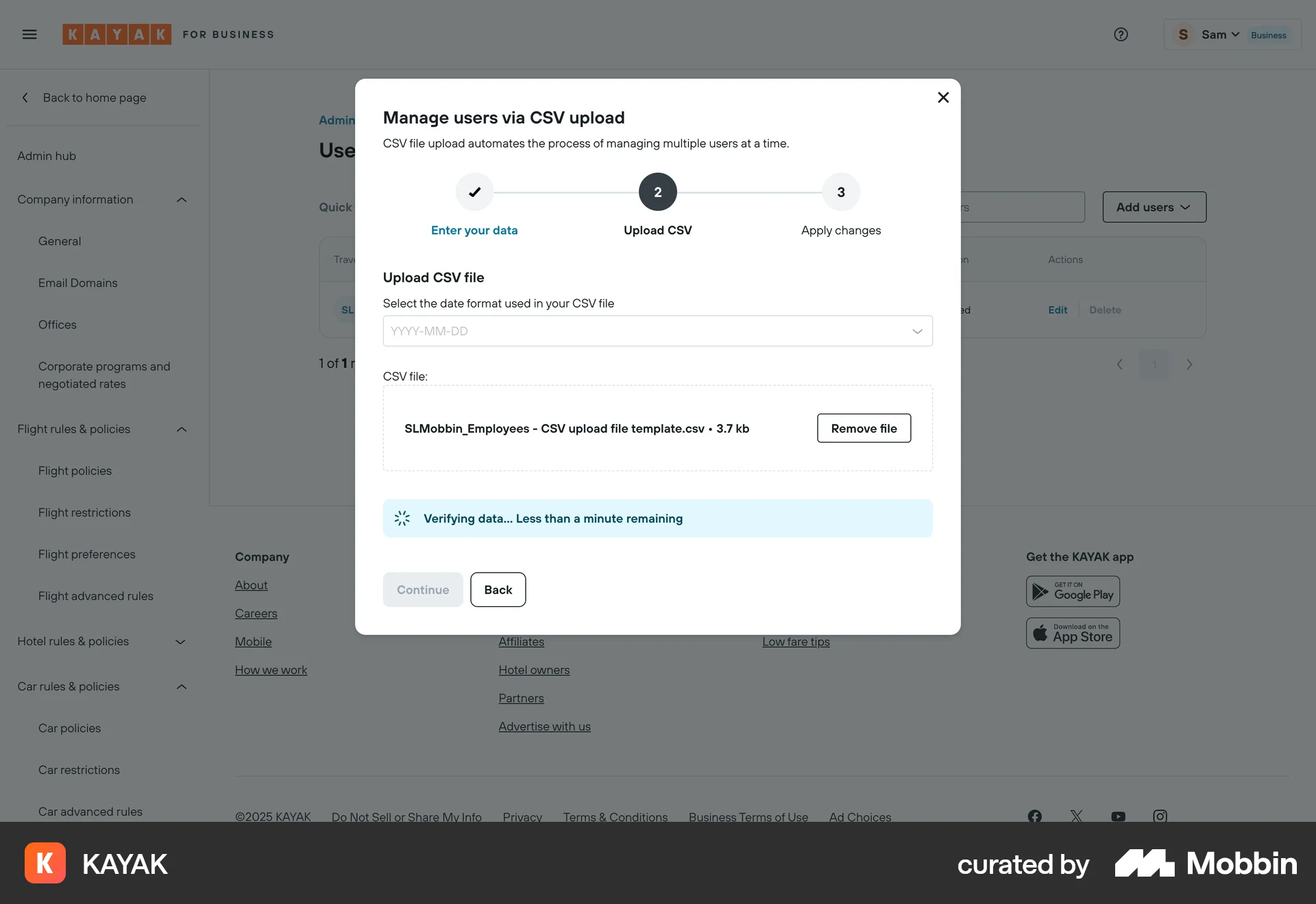 KAYAK Web Import & Export screen