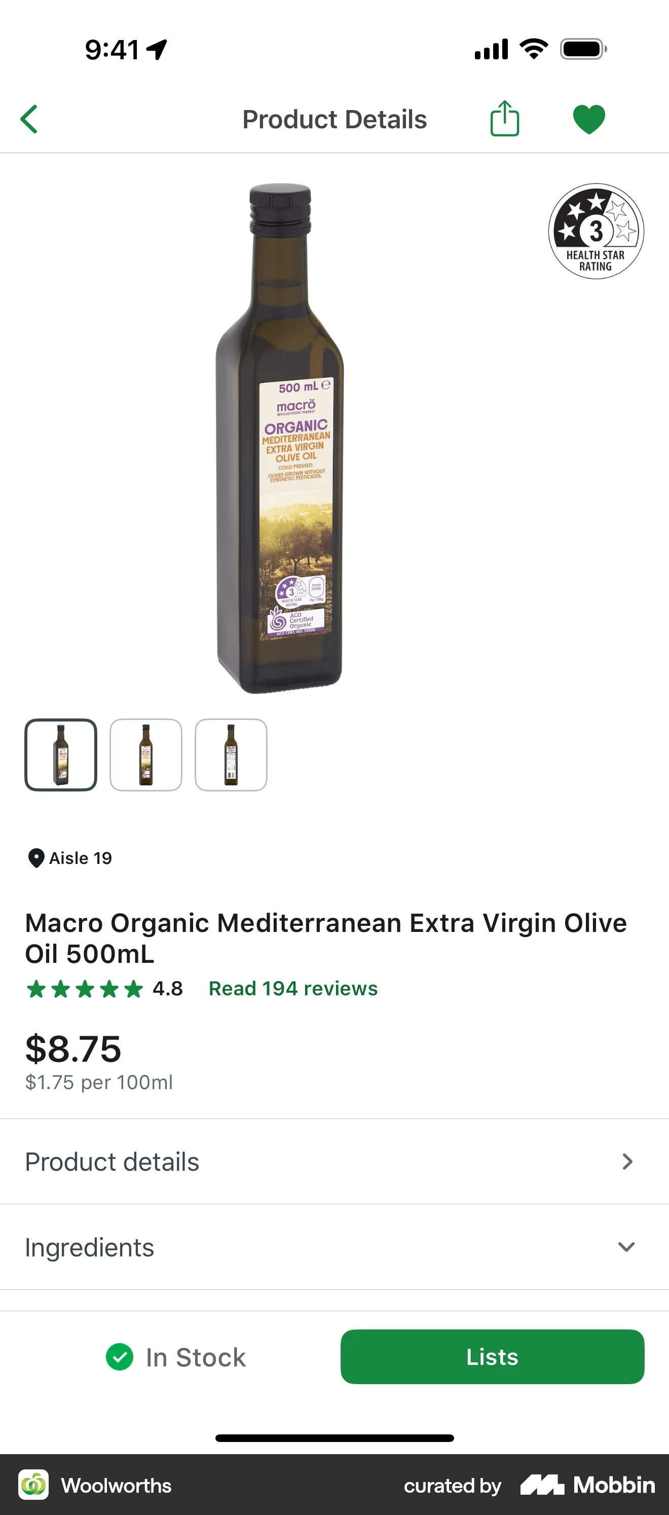 Woolworths iOS Favorite & Pin screen