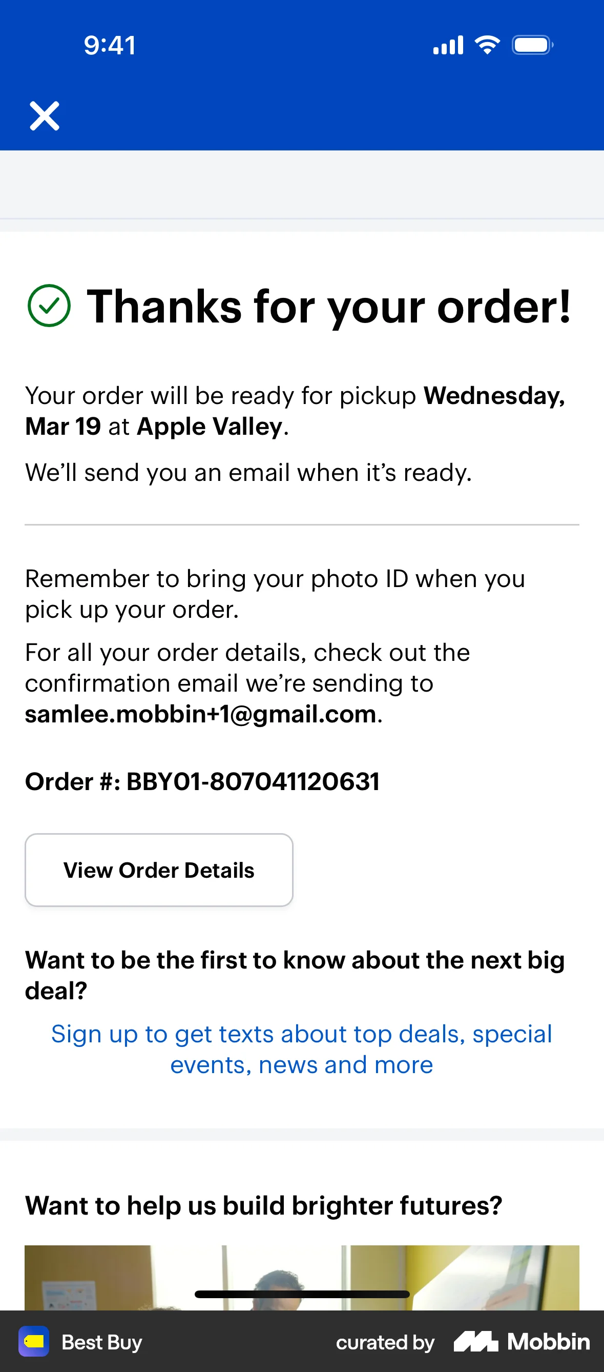 Best Buy iOS Order Confirmation screen