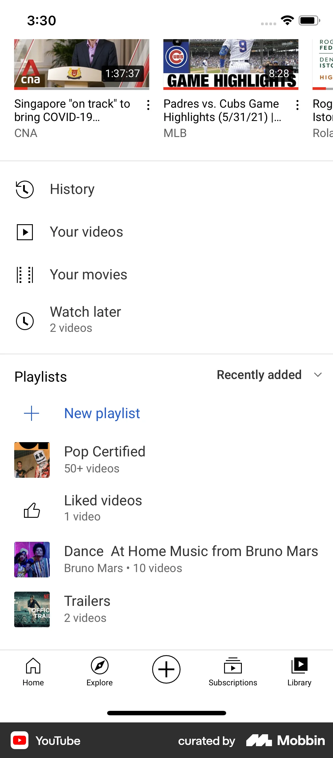 YouTube iOS Bookmarks & Collections screen