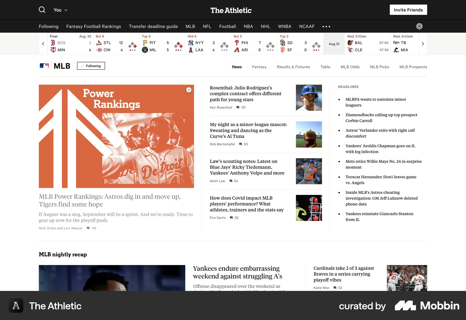 The Athletic Web News Feed screen