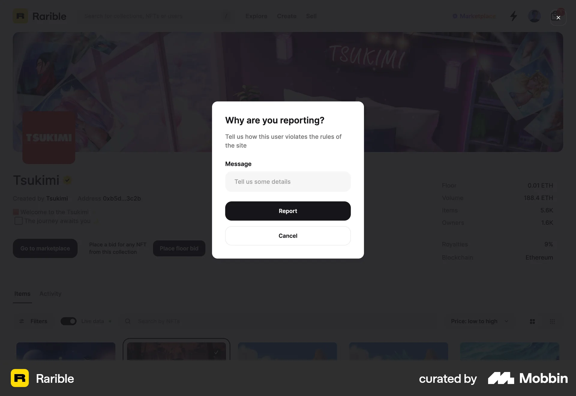 Rarible Web Flag & Report screen