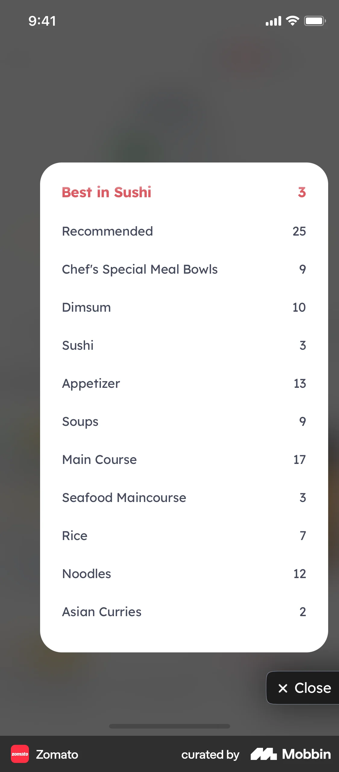 Zomato iOS screen containing Dropdown Menu UI element
