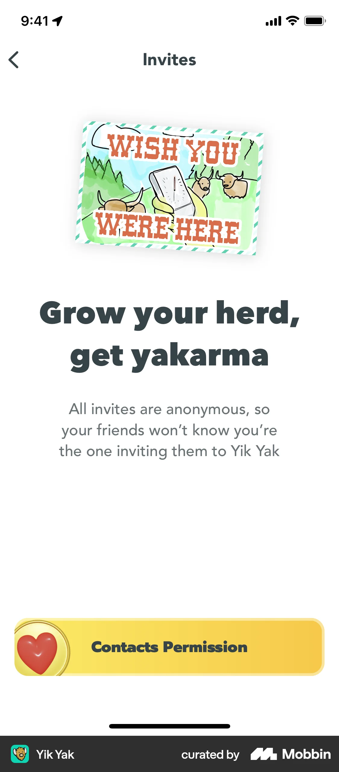 Yik Yak iOS Invite & Refer Friends screen