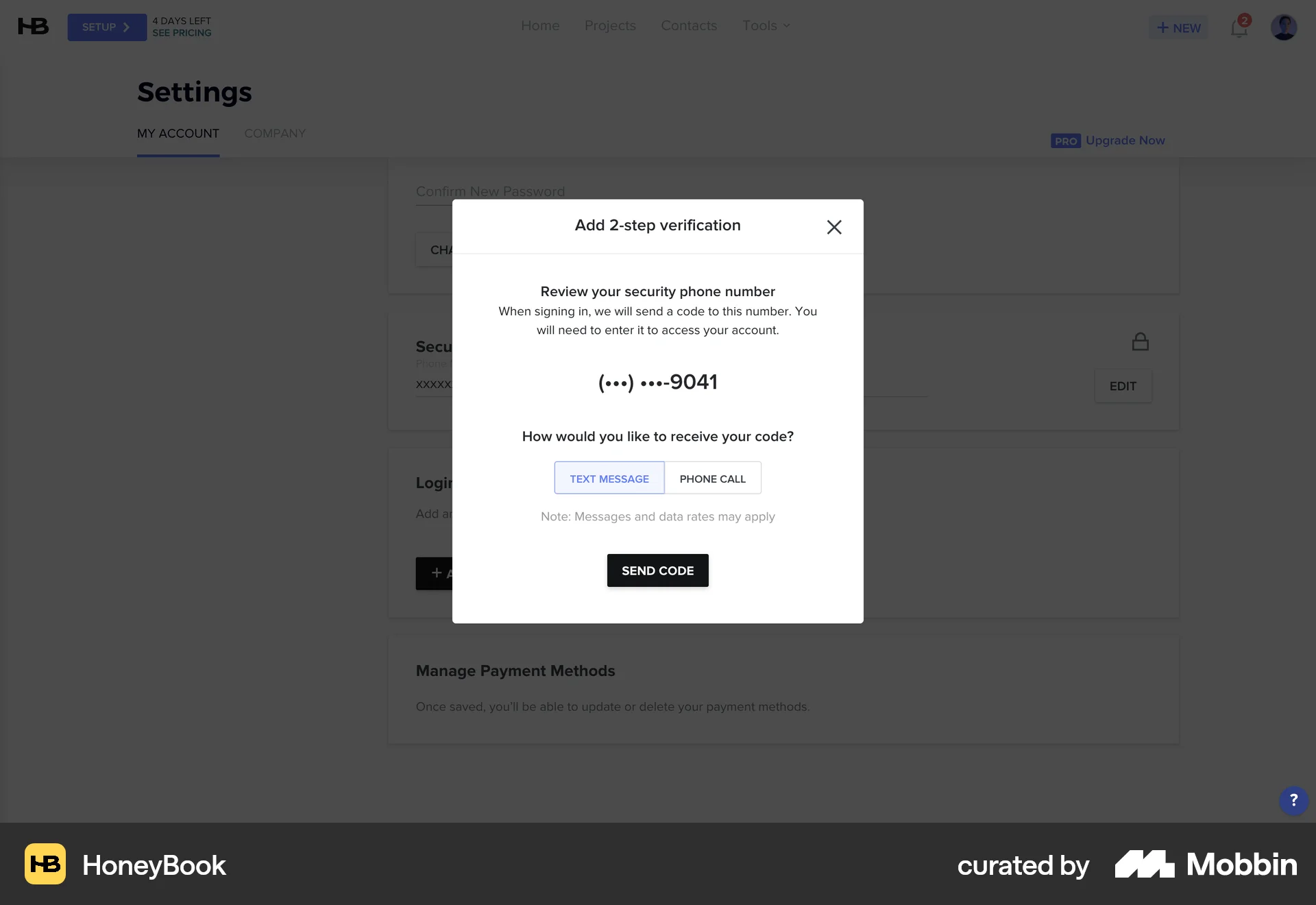 HoneyBook Web Verification screen