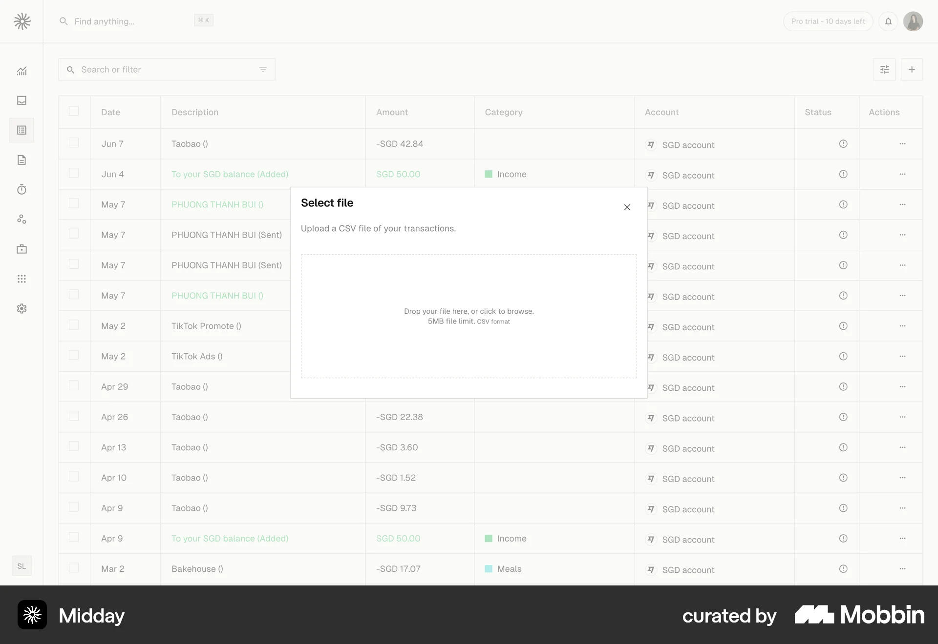 Midday Web Upload & Download screen