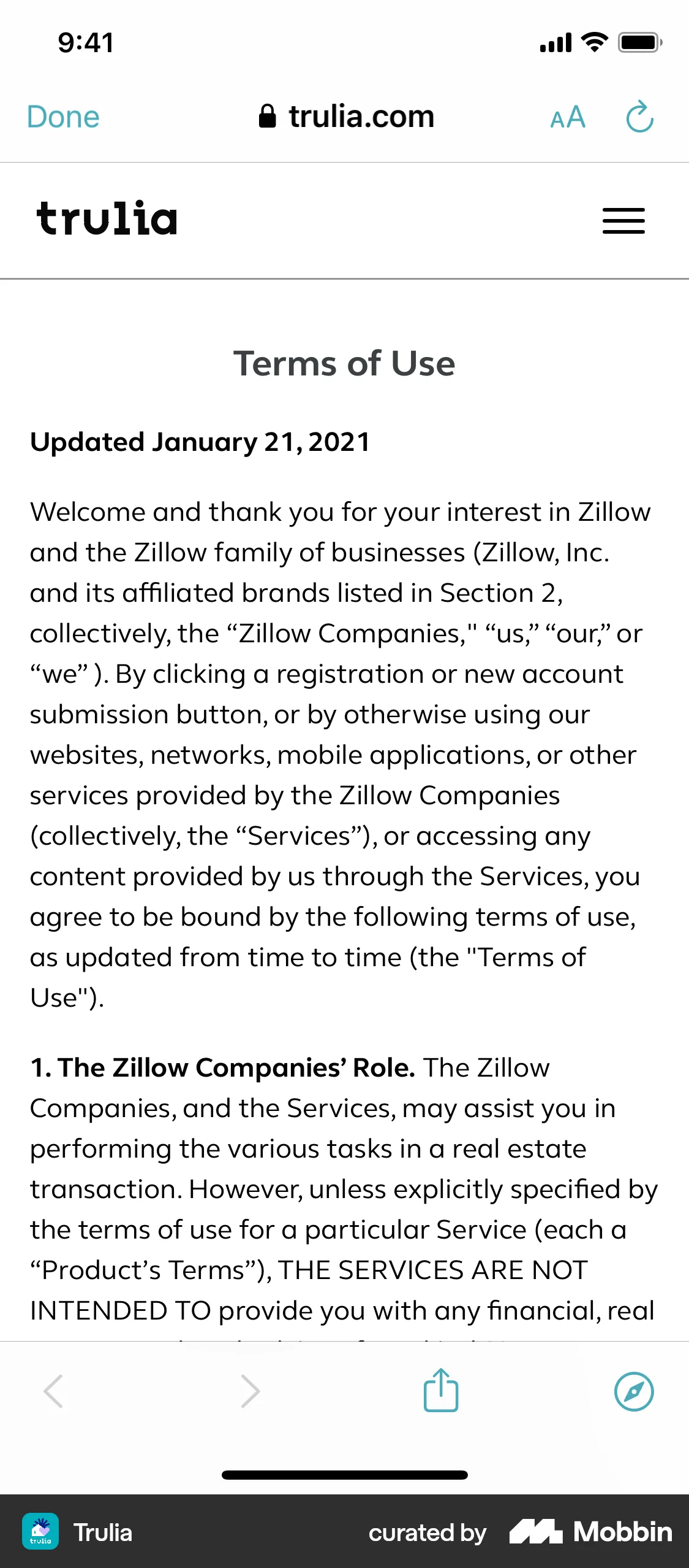 Trulia iOS Terms & Conditions screen