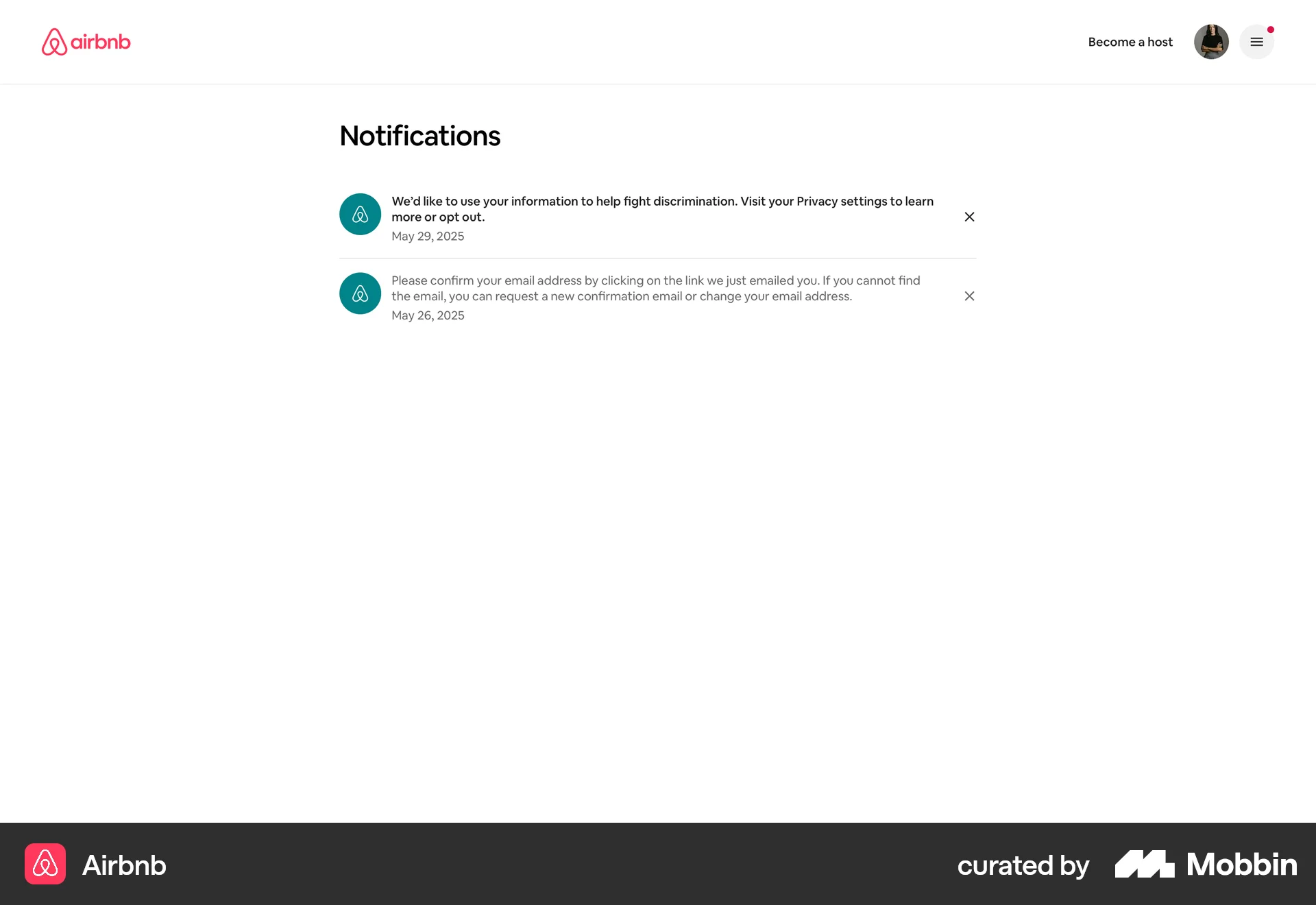 Airbnb Web Notifications screen