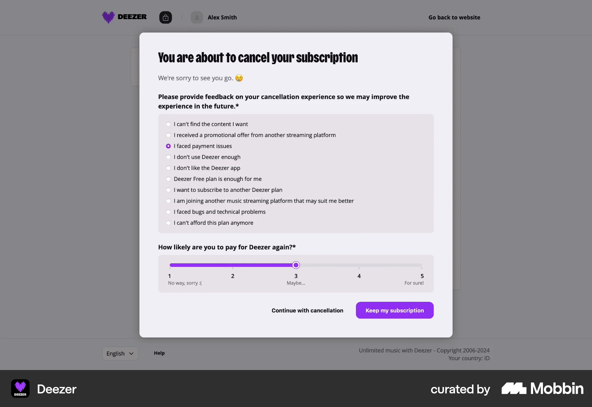 Deezer Web screen containing Radio Button UI element