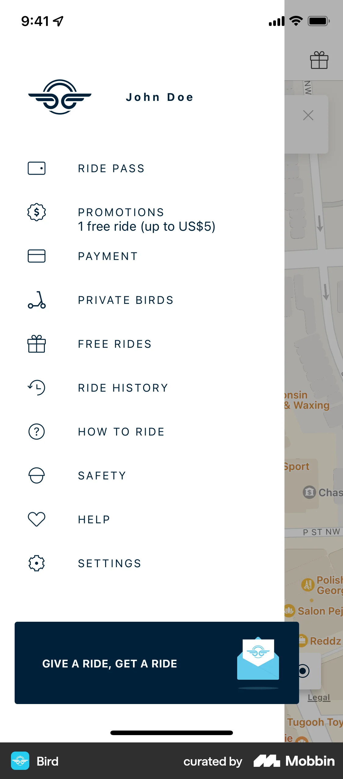 Bird iOS screen containing Side Navigation UI element