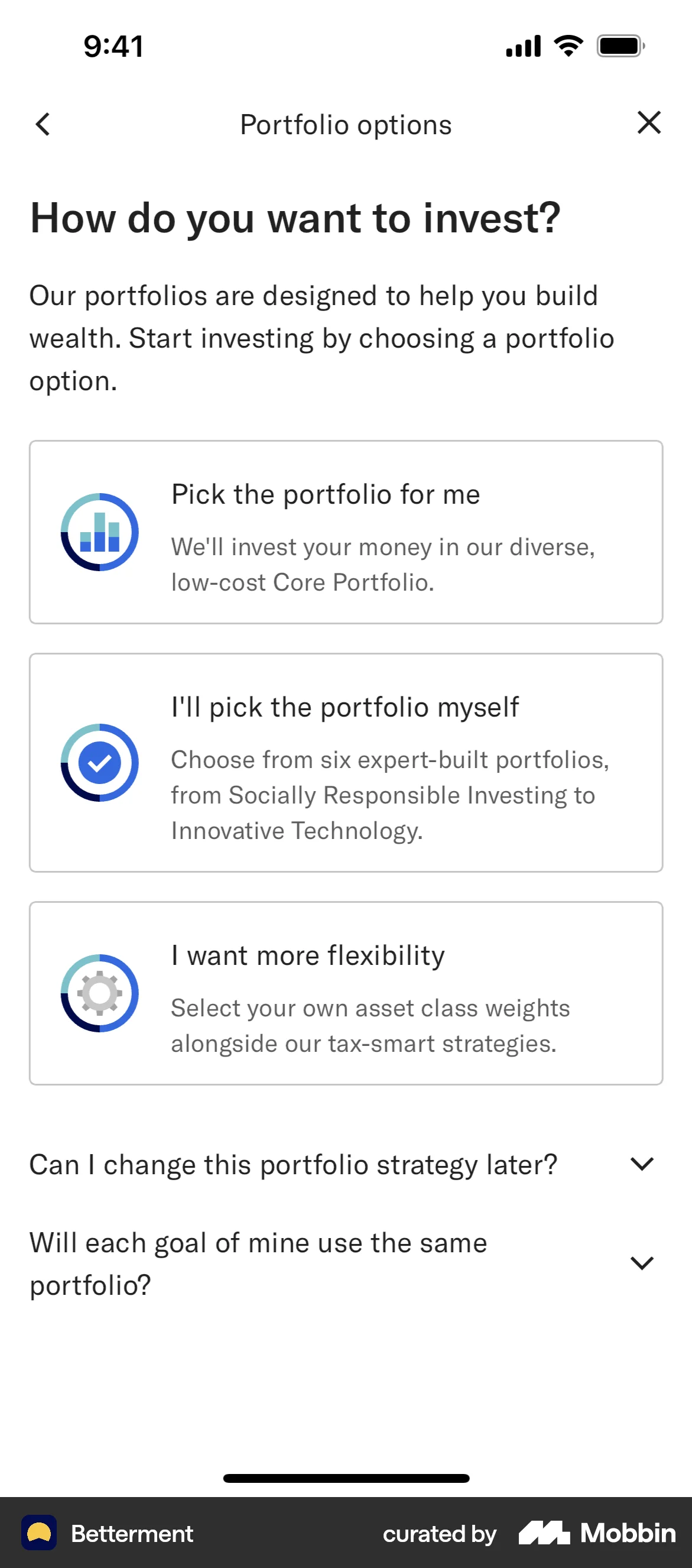 Betterment iOS screen containing Accordion UI element