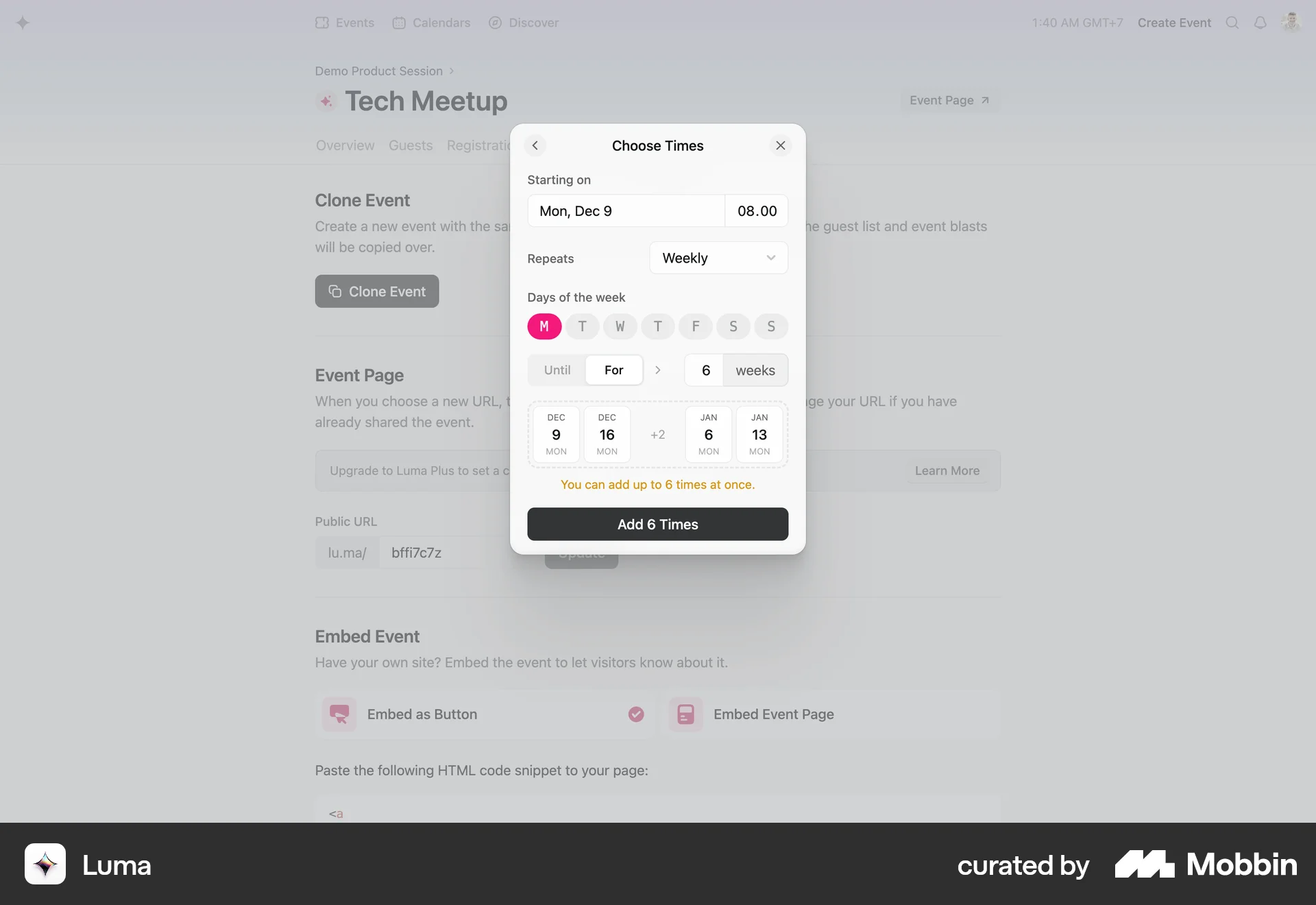 Luma Web Schedule screen