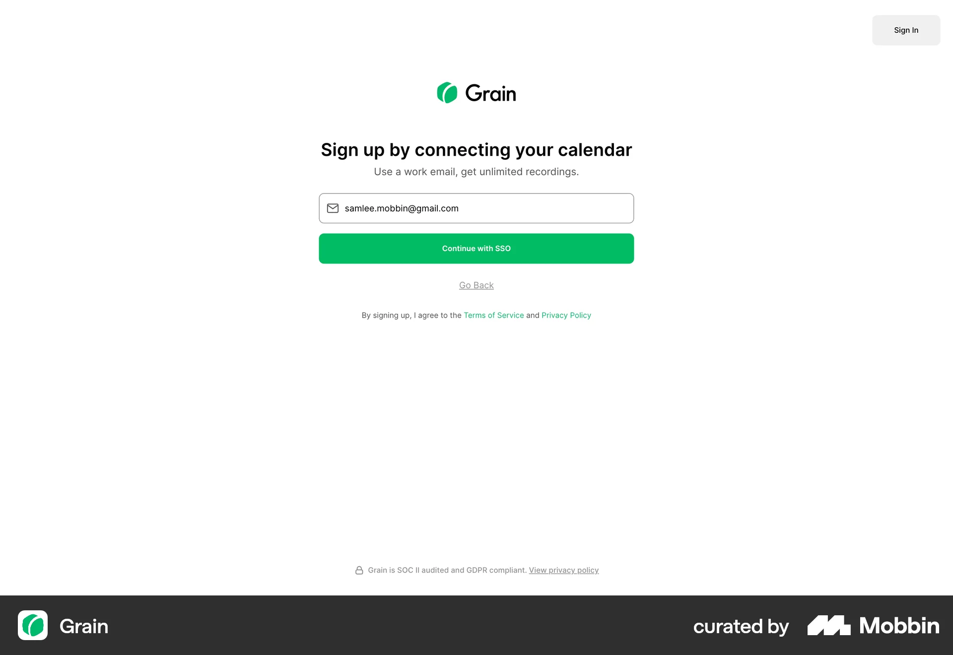 Grain Web Signup screen