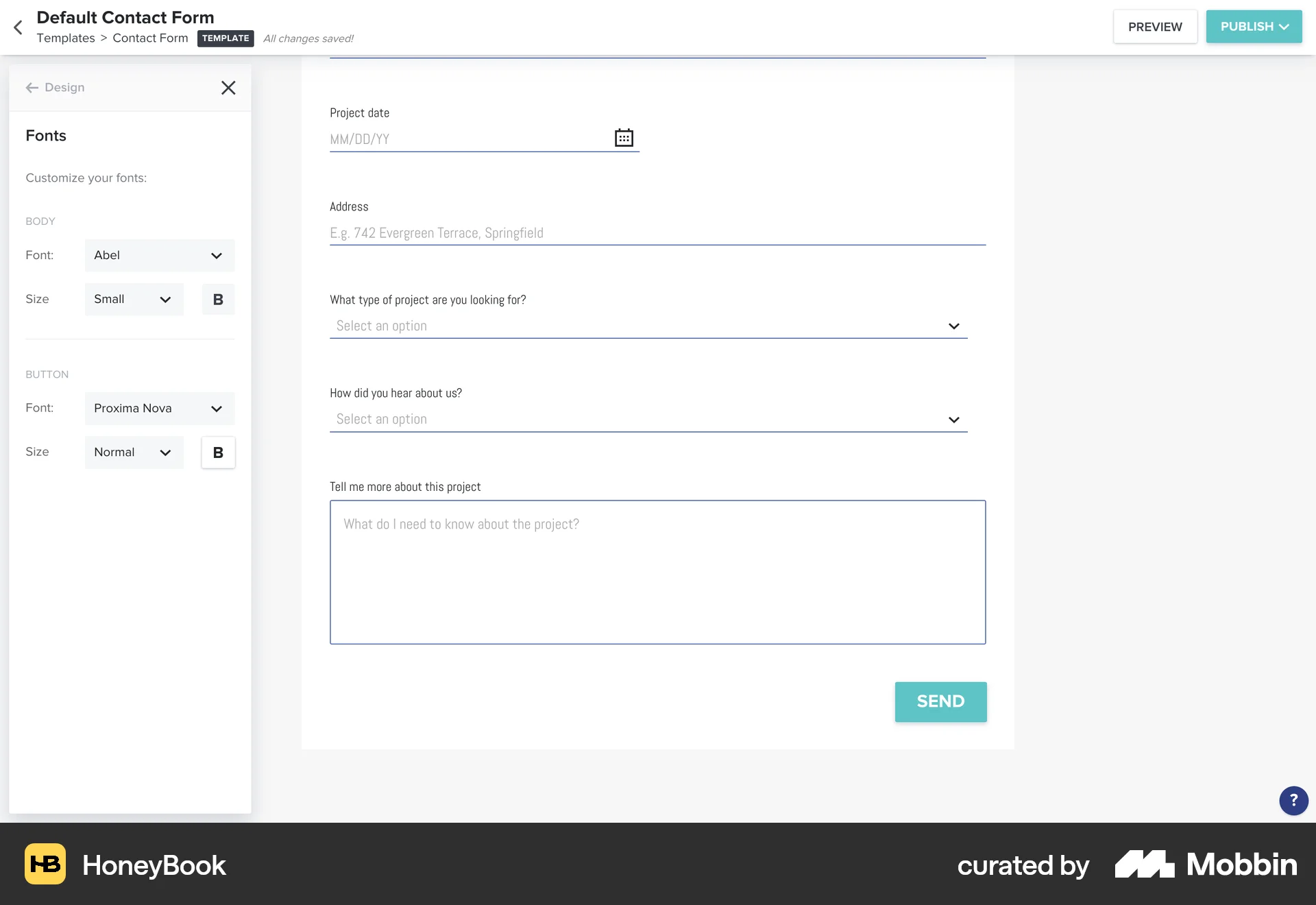 HoneyBook Web Web Form UI screen