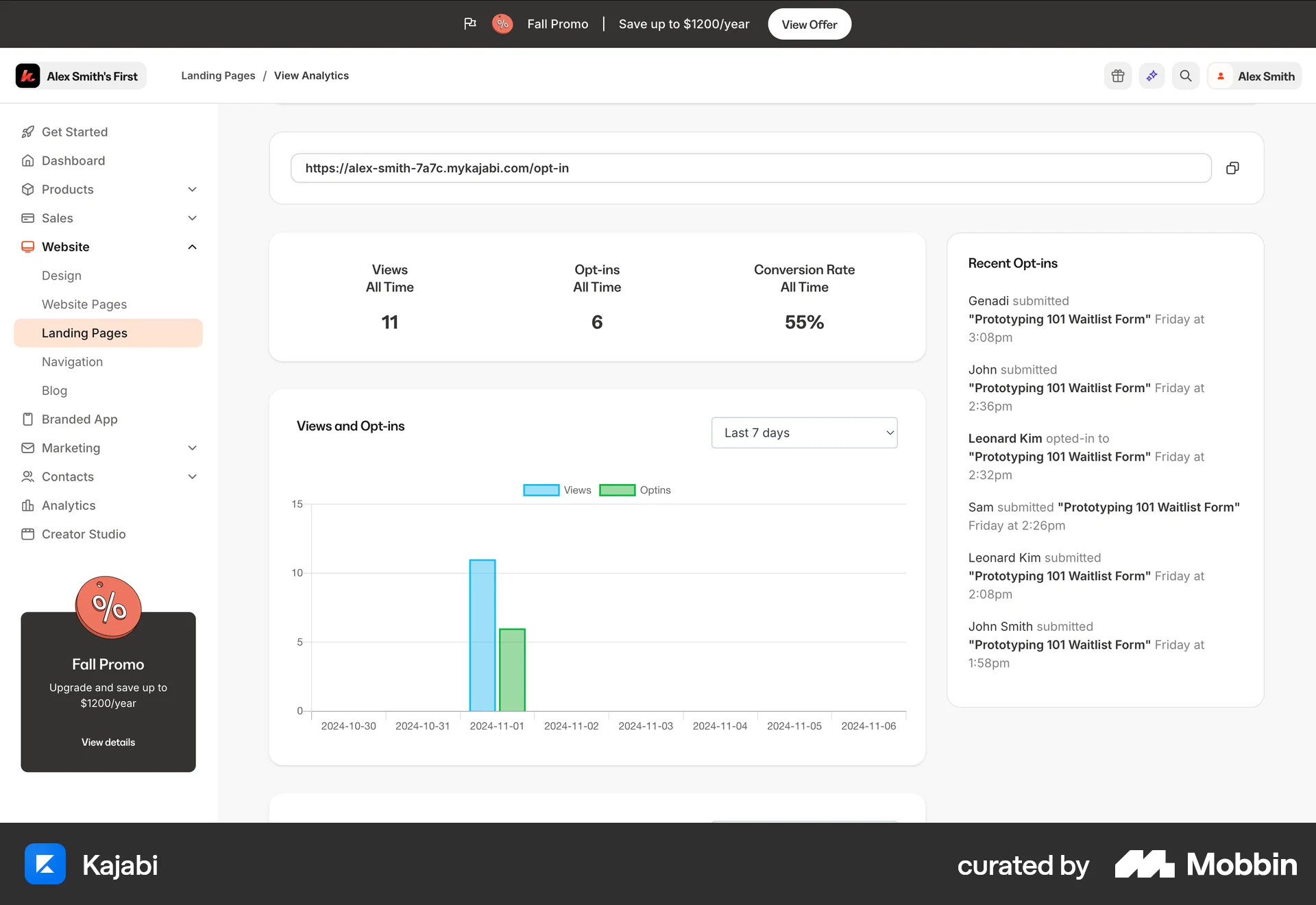 Kajabi Web Charts screen