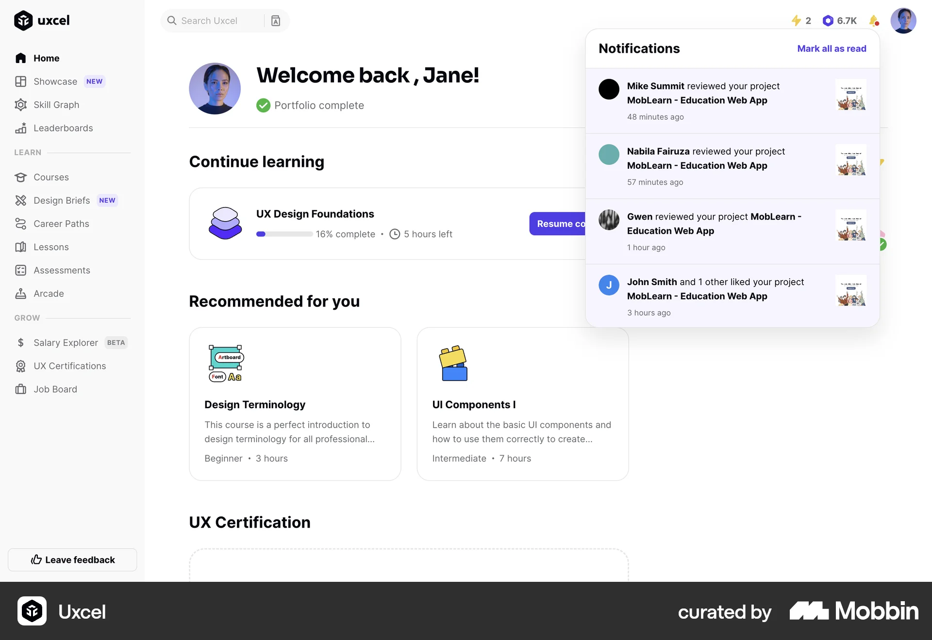 Uxcel Web Notifications screen