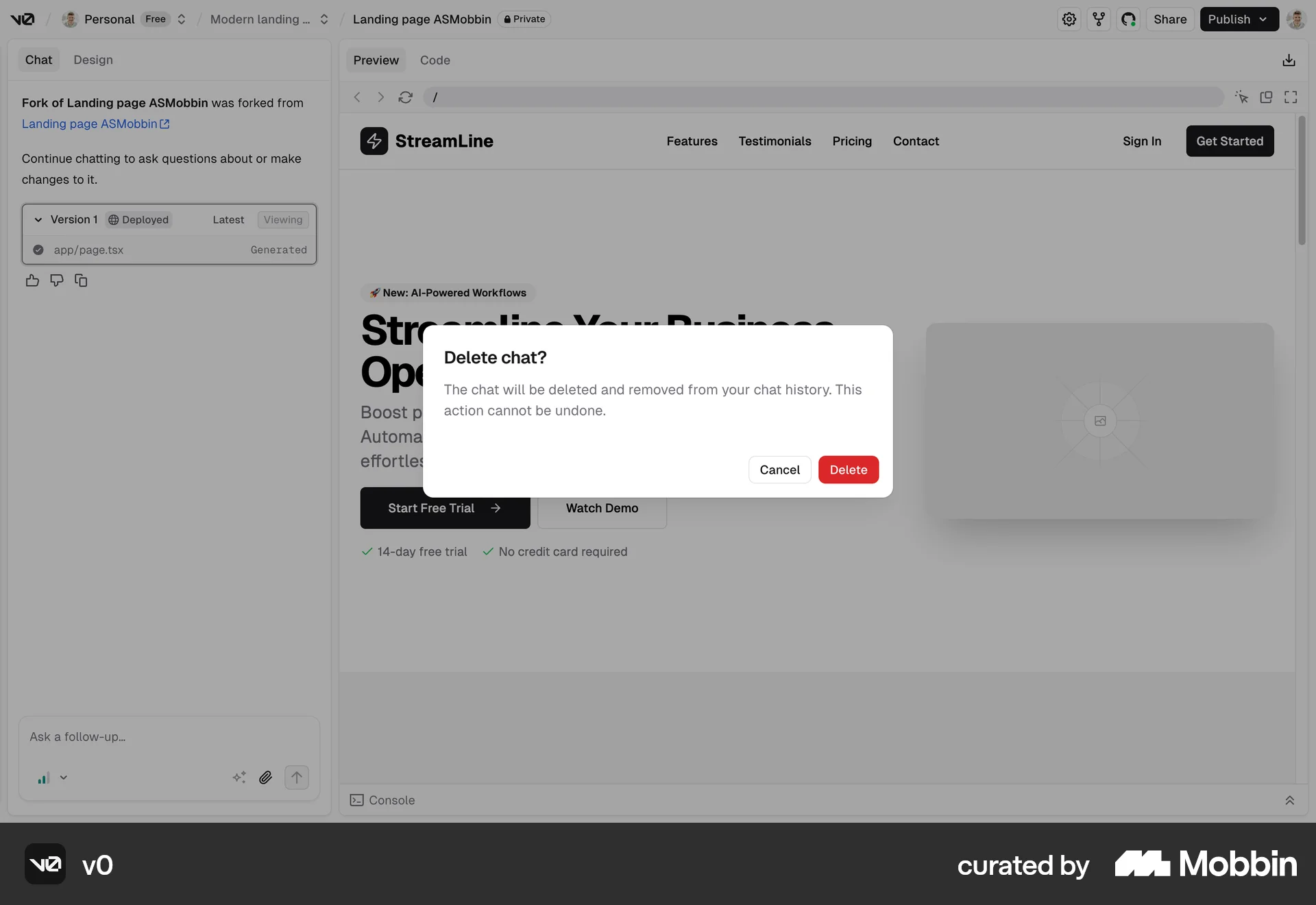 v0 Web Delete screen
