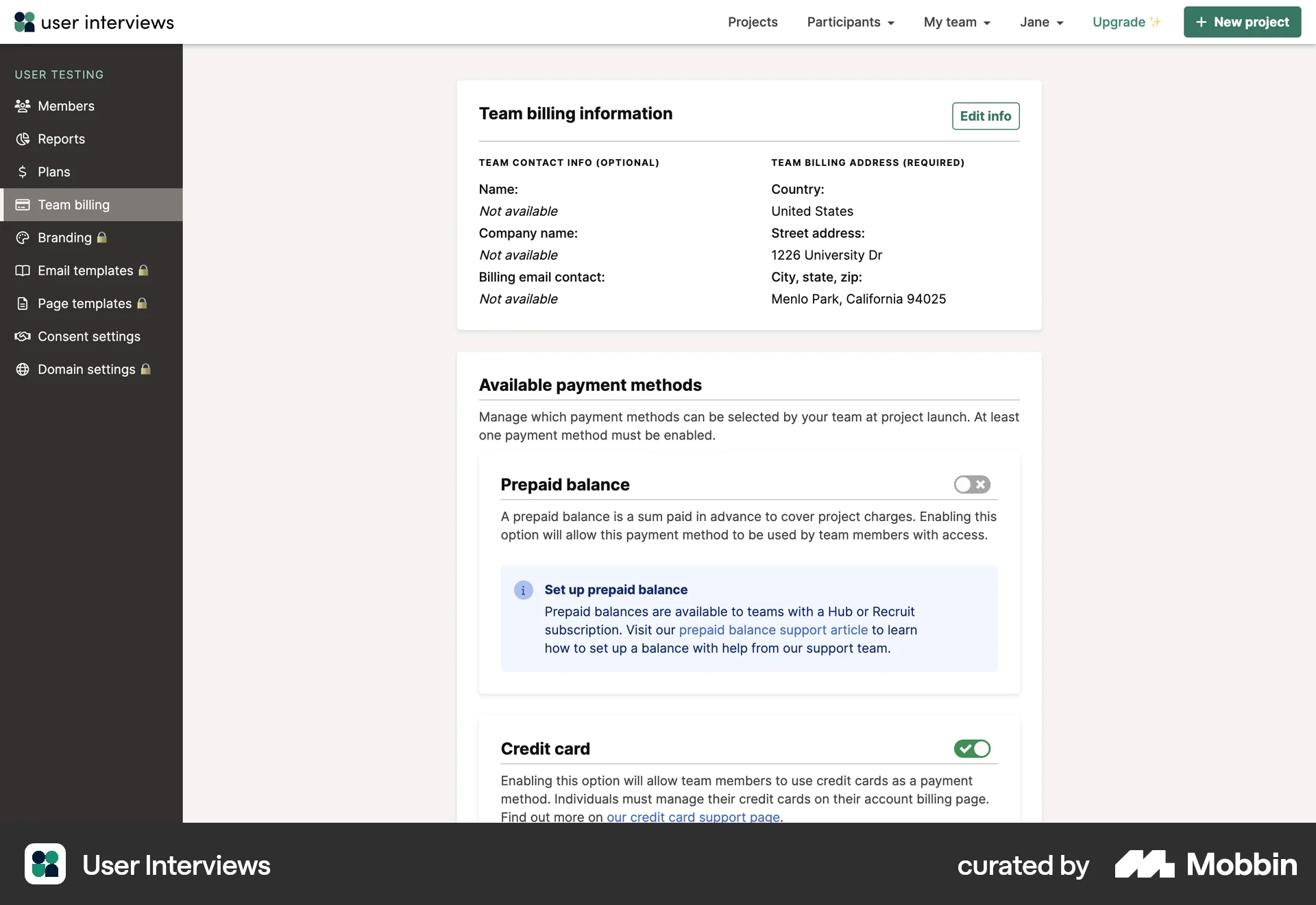 User Interviews Web Billing screen