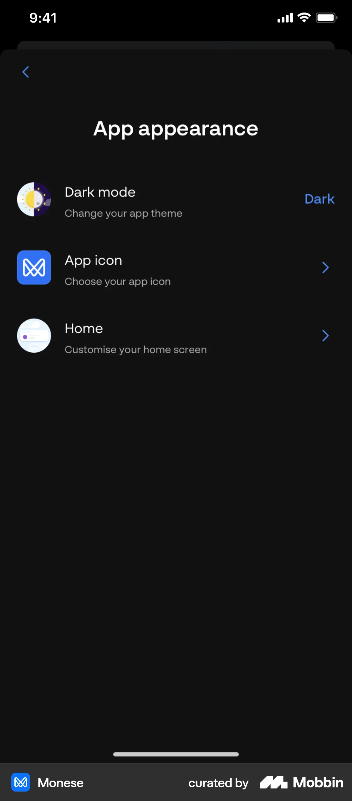 Monese iOS Dark Mode screen