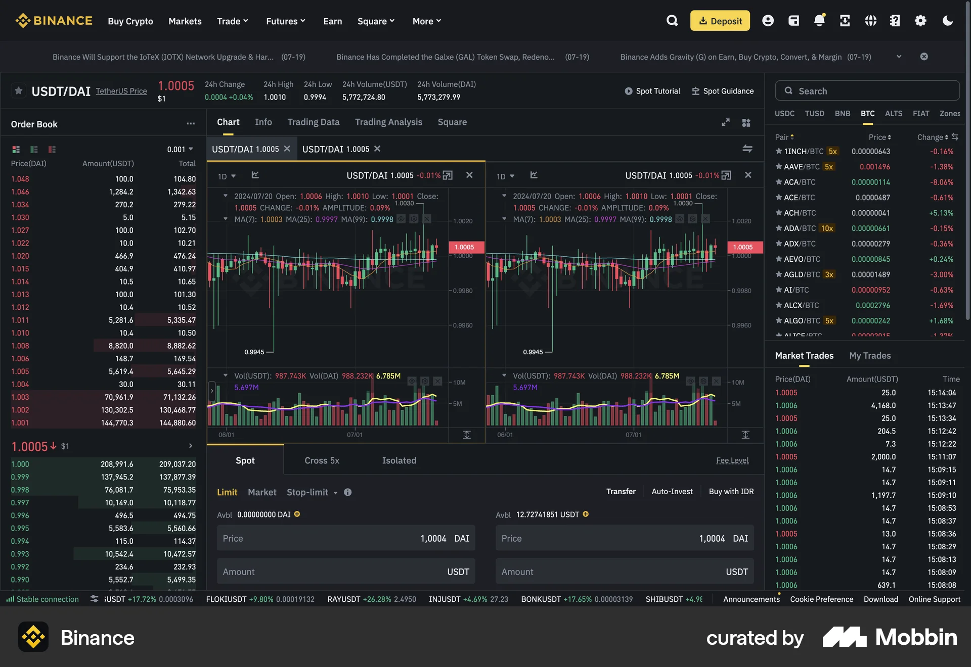 Binance Web Multi-Column Layout screen