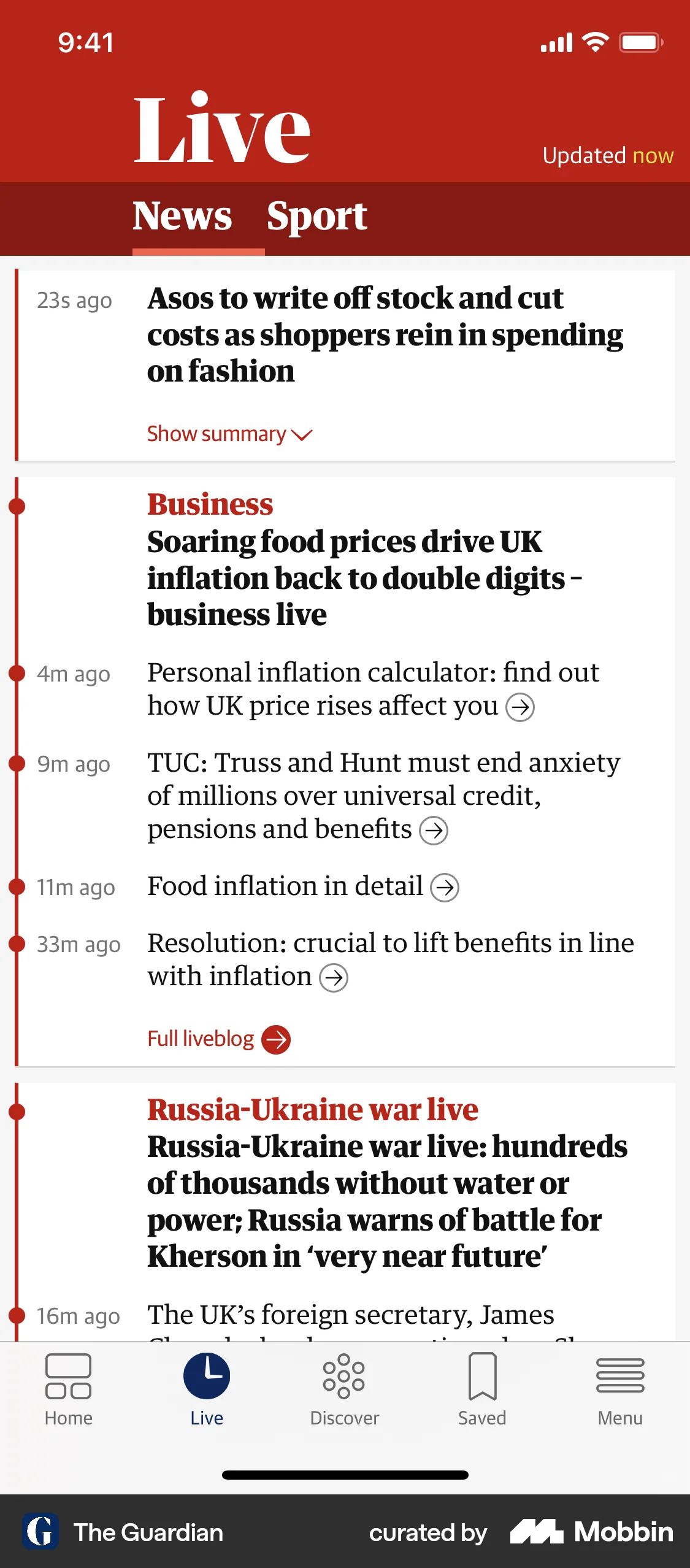 The Guardian iOS News Feed screen