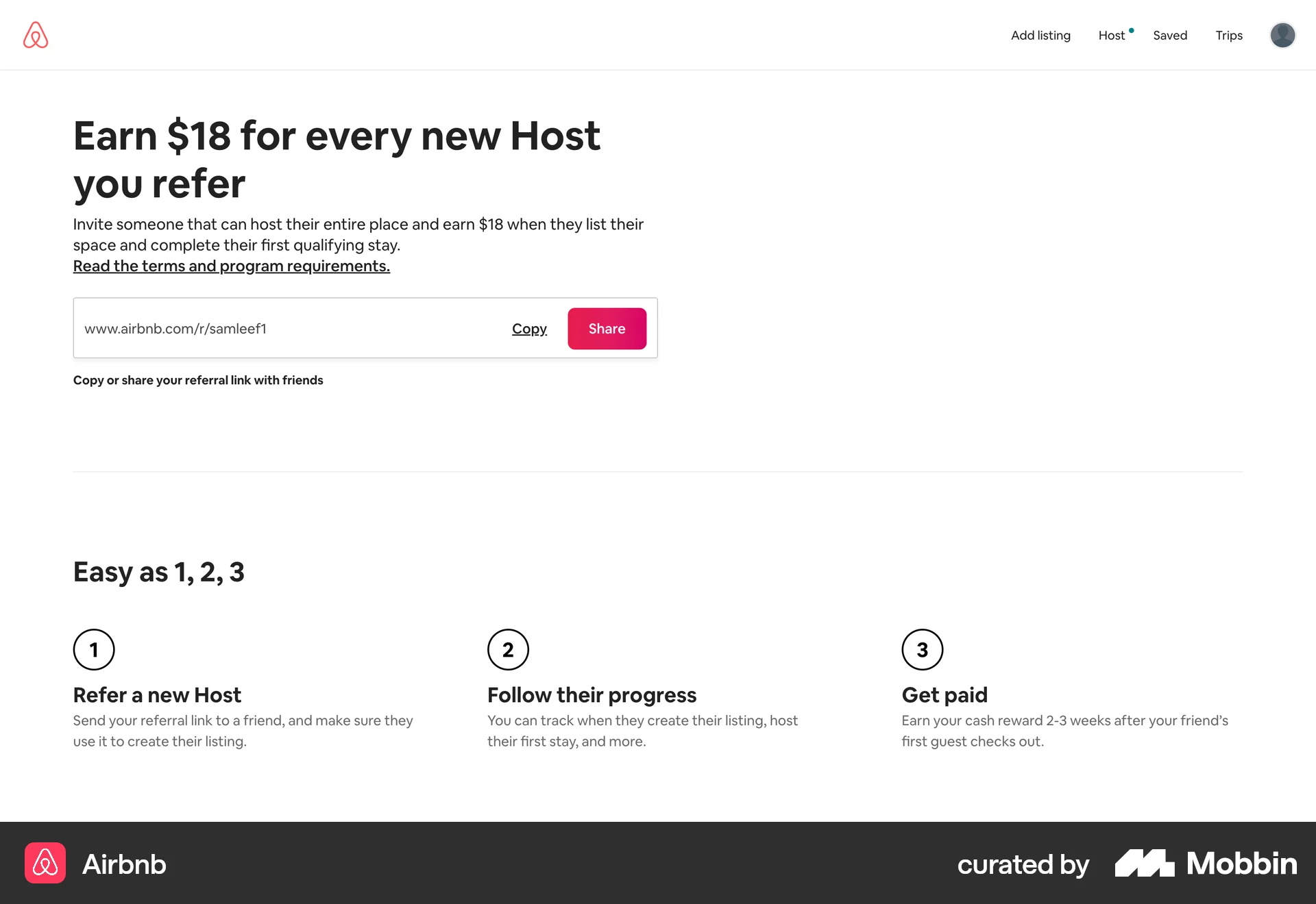Airbnb Web Invite & Refer Friends screen