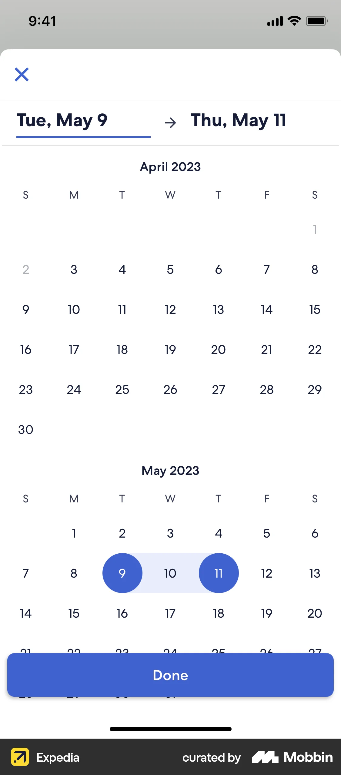 Expedia iOS screen containing Date Picker UI element