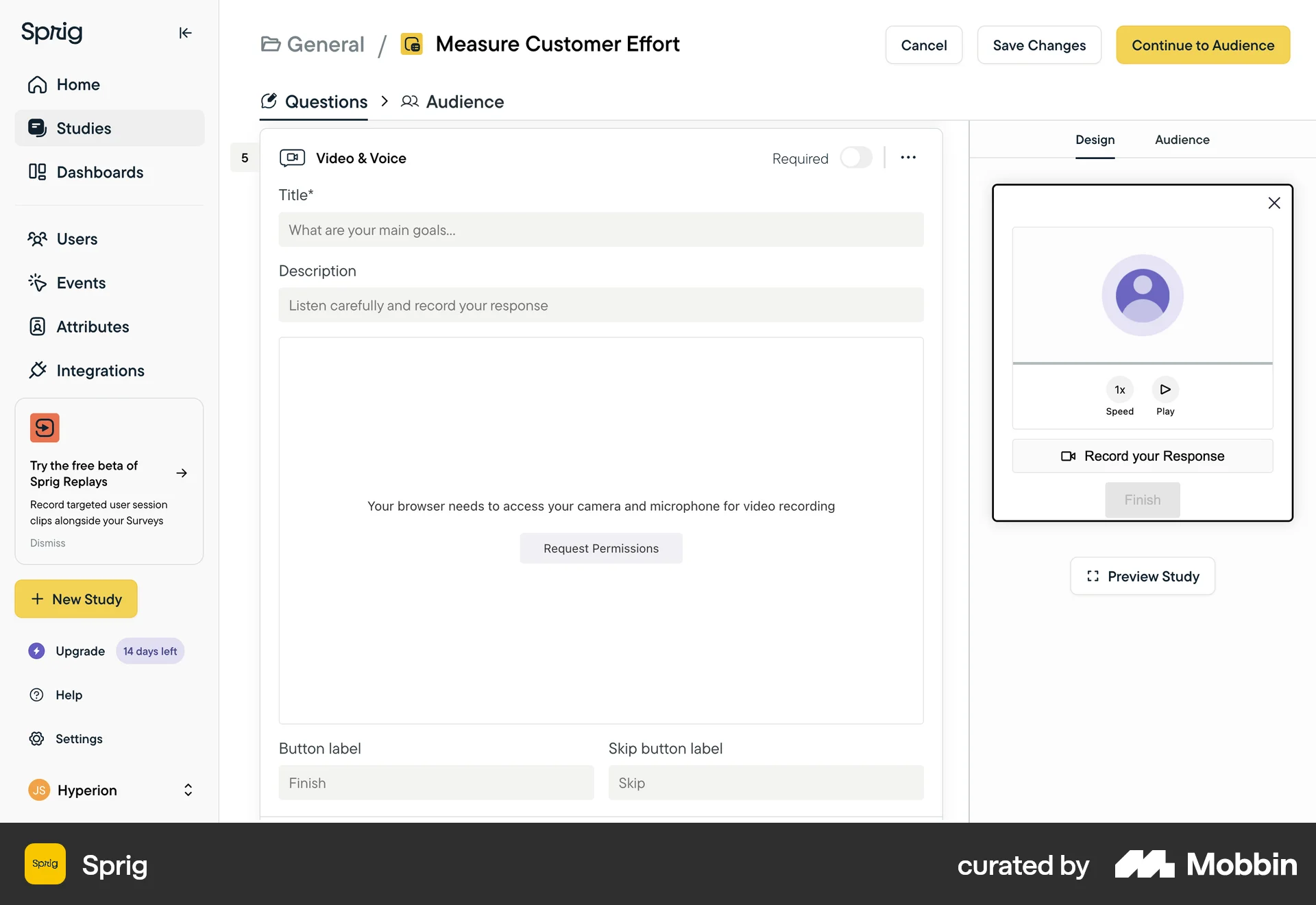 Sprig Web Permission screen