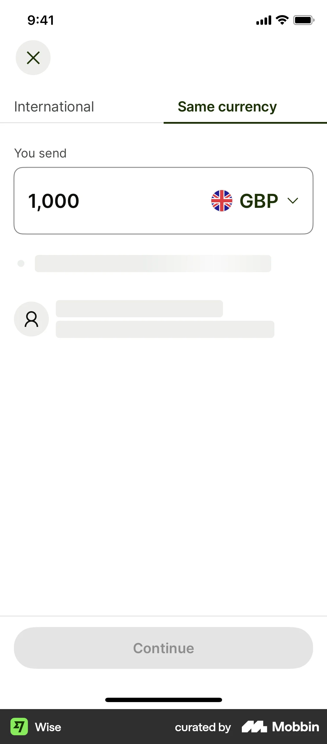Wise iOS screen containing Skeleton UI element