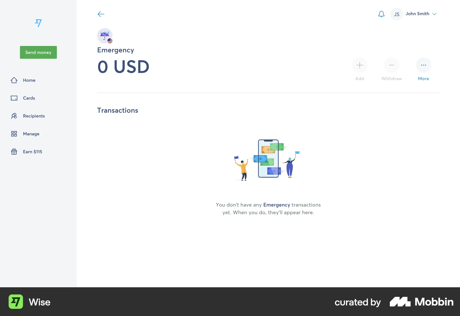 Wise Web Wallet & Balance screen