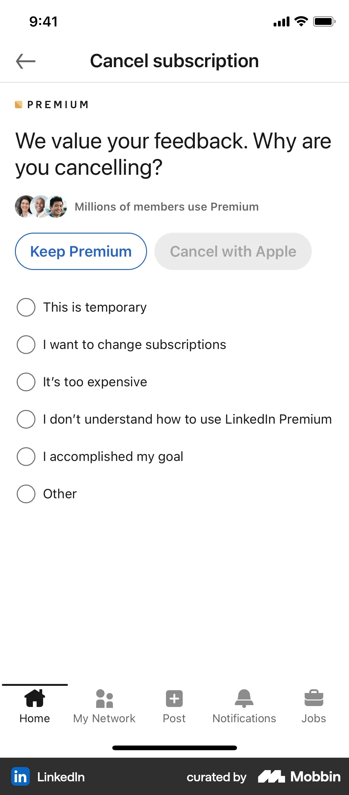 LinkedIn iOS Feedback screen