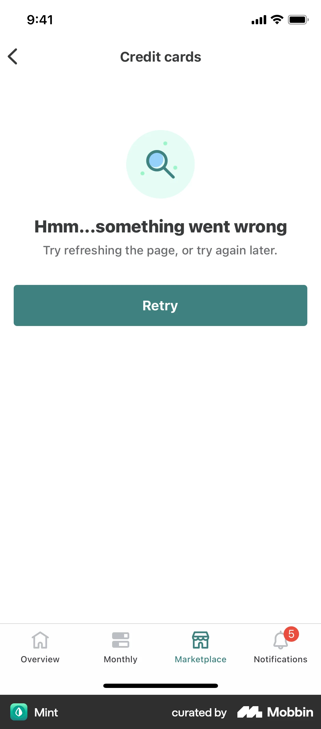 Mint iOS Error screen