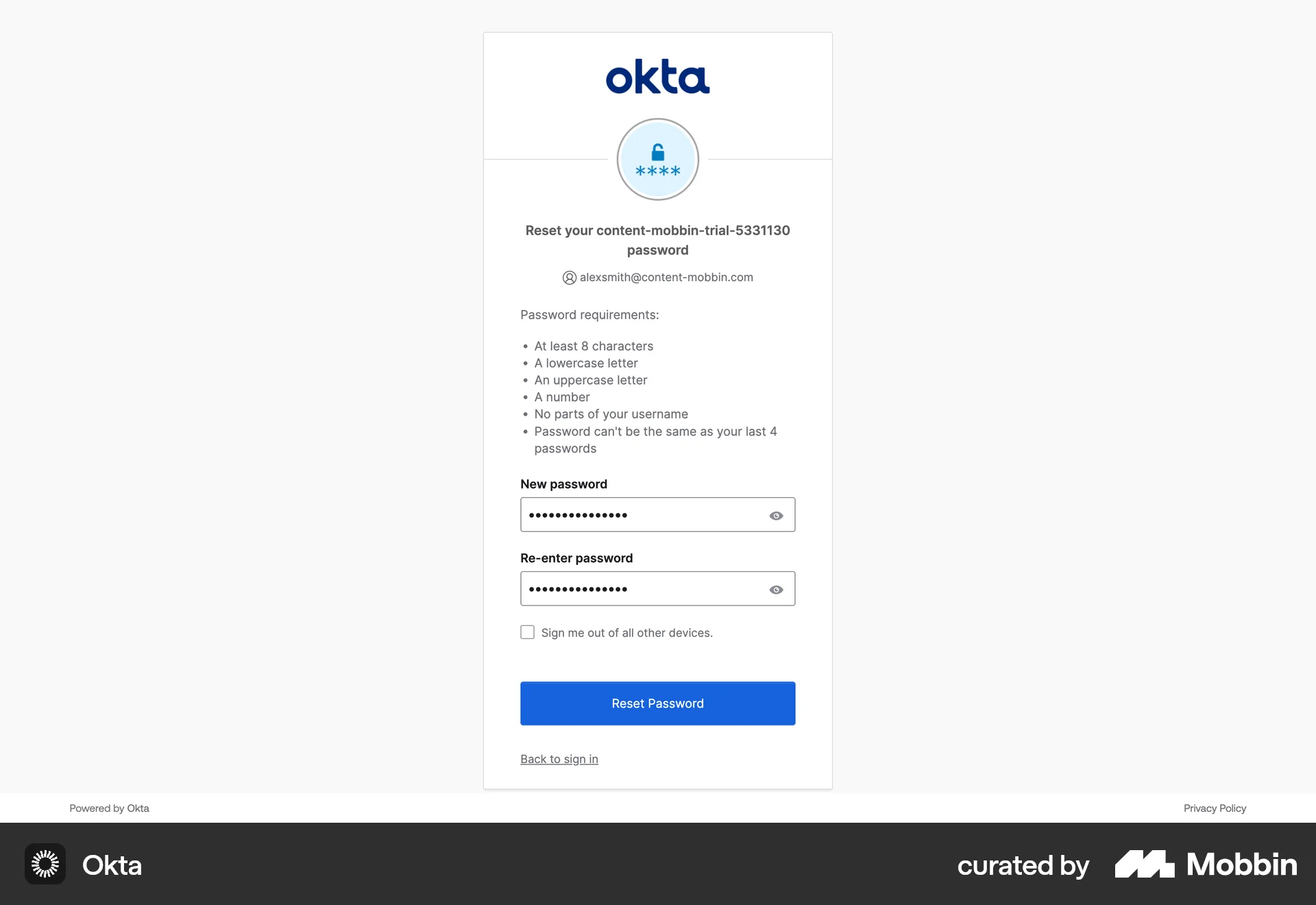 Okta Web Forgot Password screen