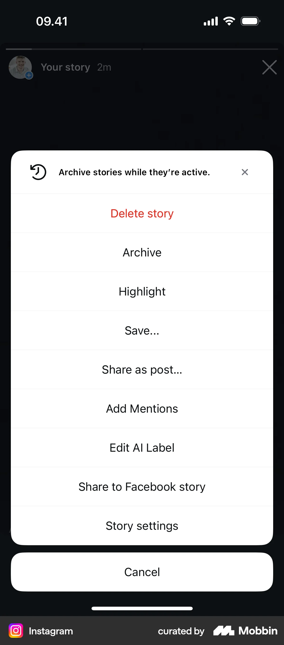 Instagram iOS screen containing Action Sheet UI element