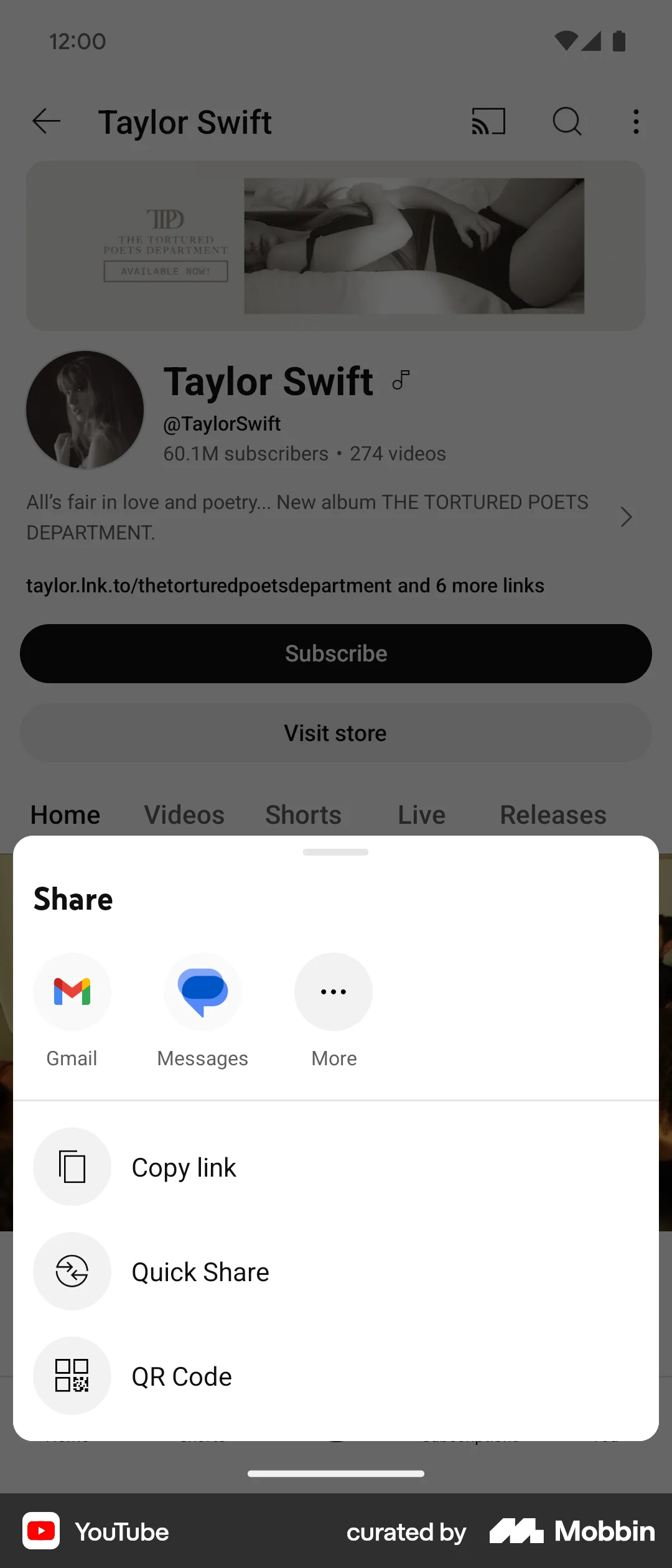 YouTube Android screen containing Action Sheet UI element