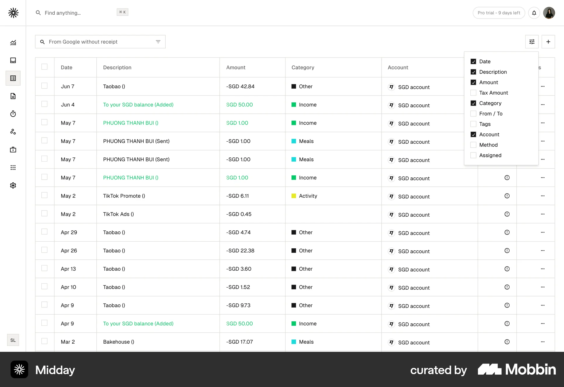Midday Web screen containing Popover UI element
