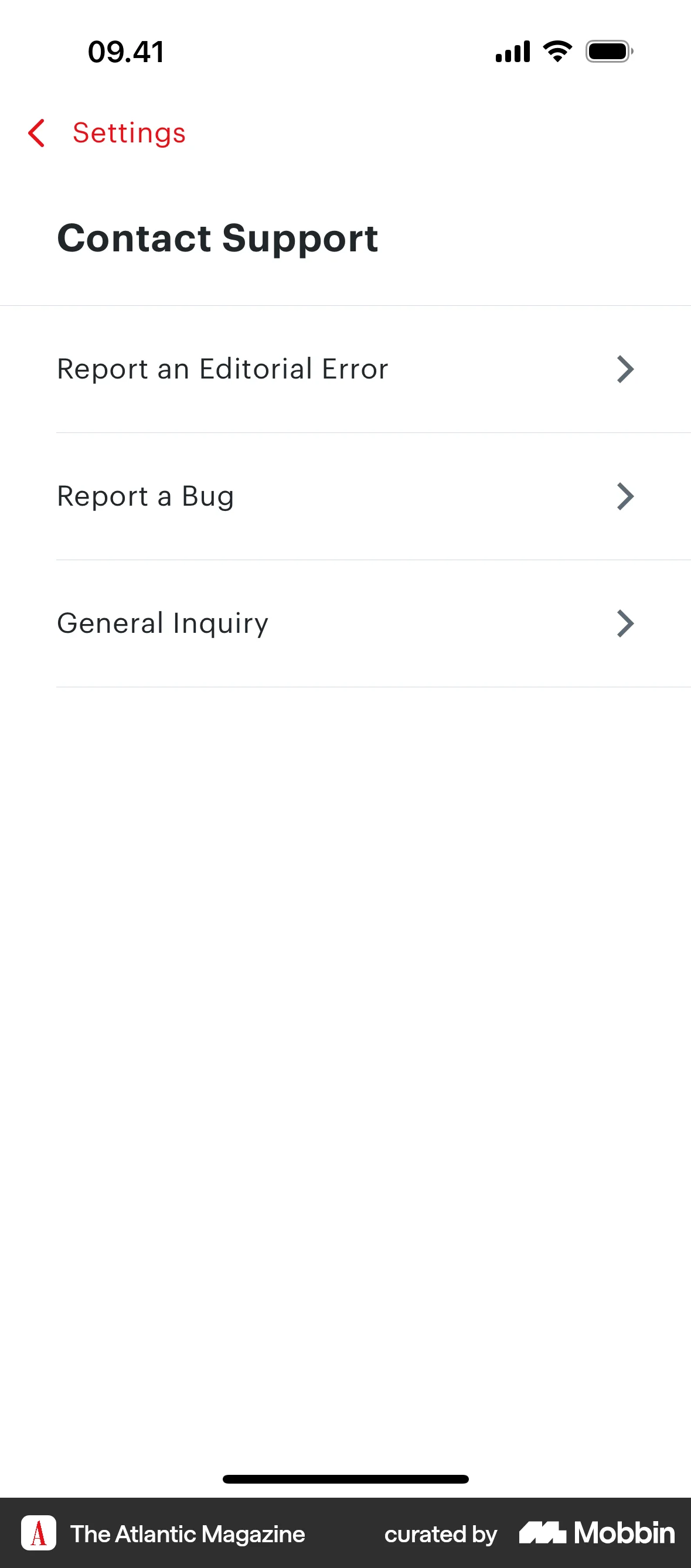 The Atlantic Magazine iOS Help & Support screen