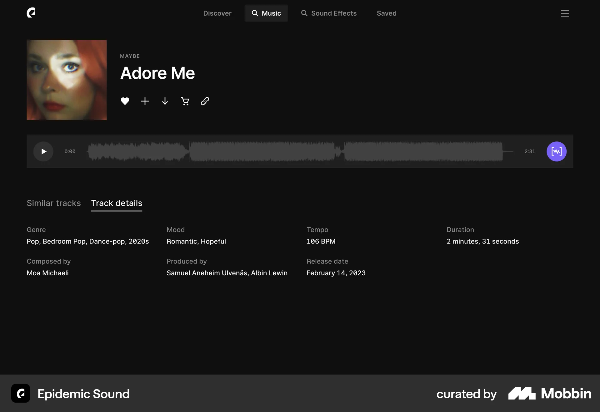Epidemic Sound Web Song & Podcast Detail screen