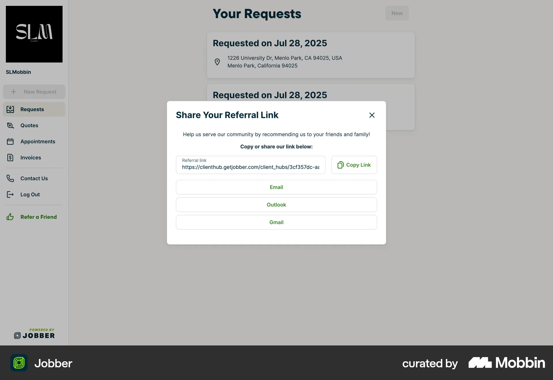 Jobber Web Invite & Refer Friends screen