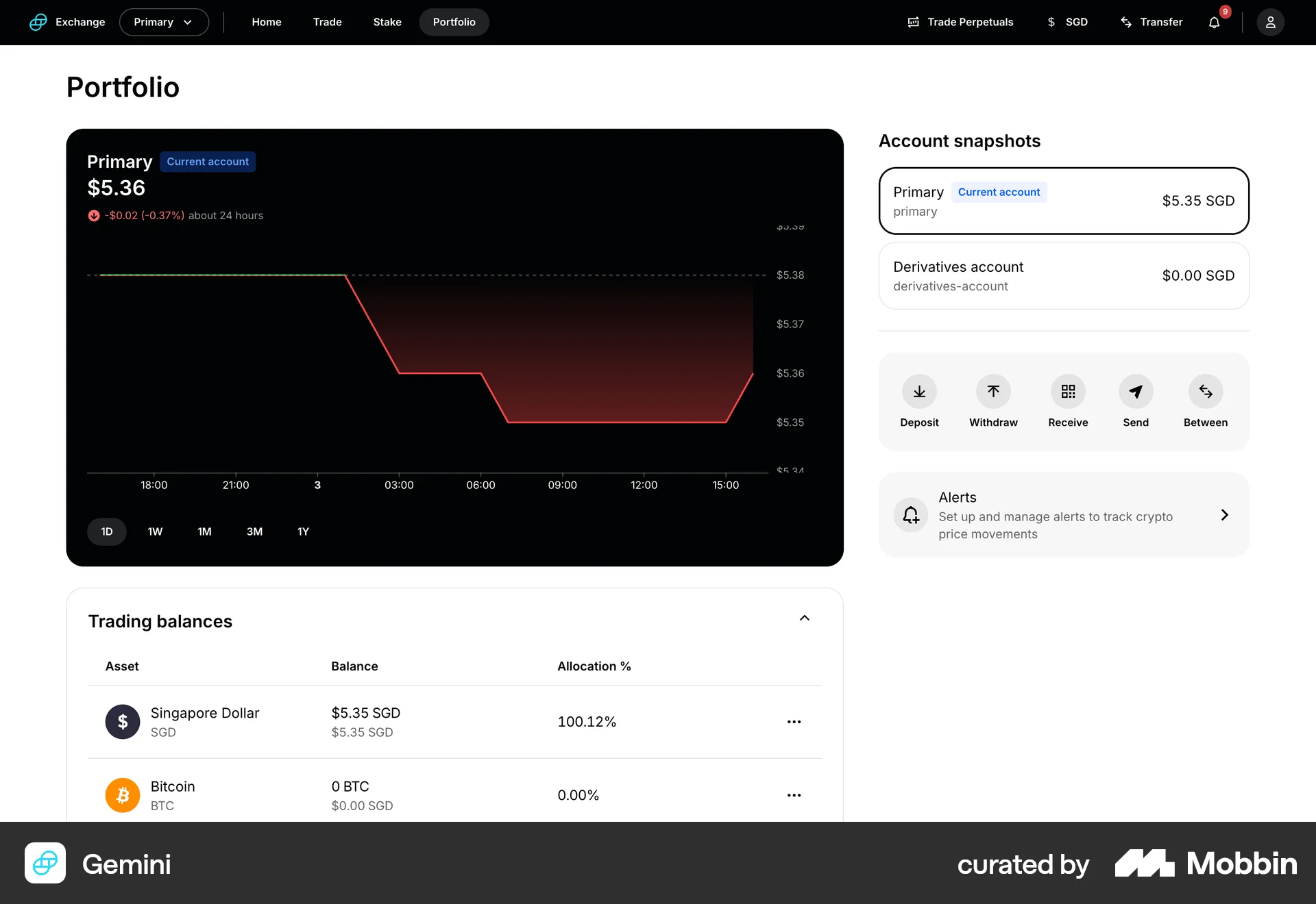 Gemini Web Wallet & Balance screen