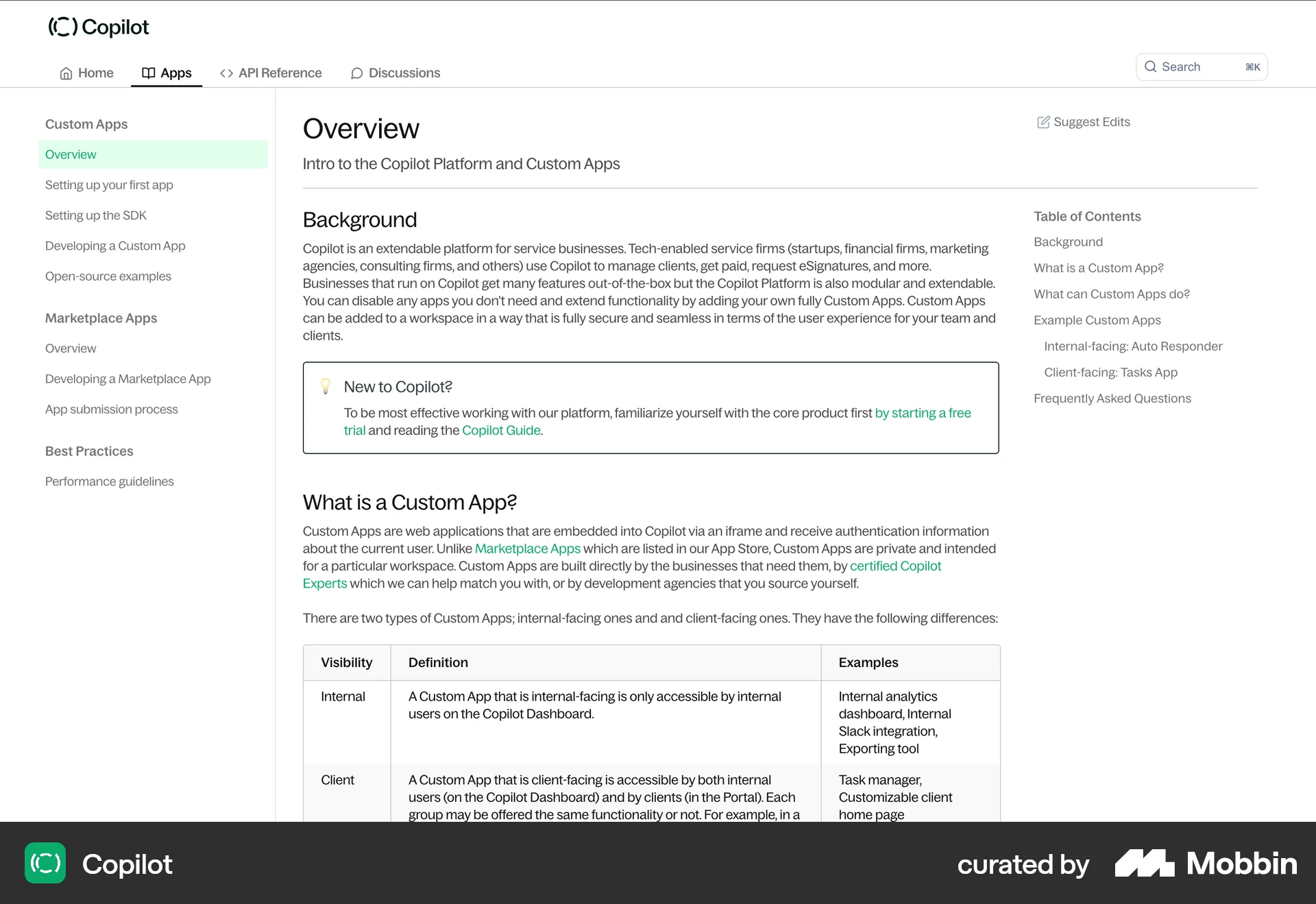 Copilot Web screen containing Table of Contents UI element