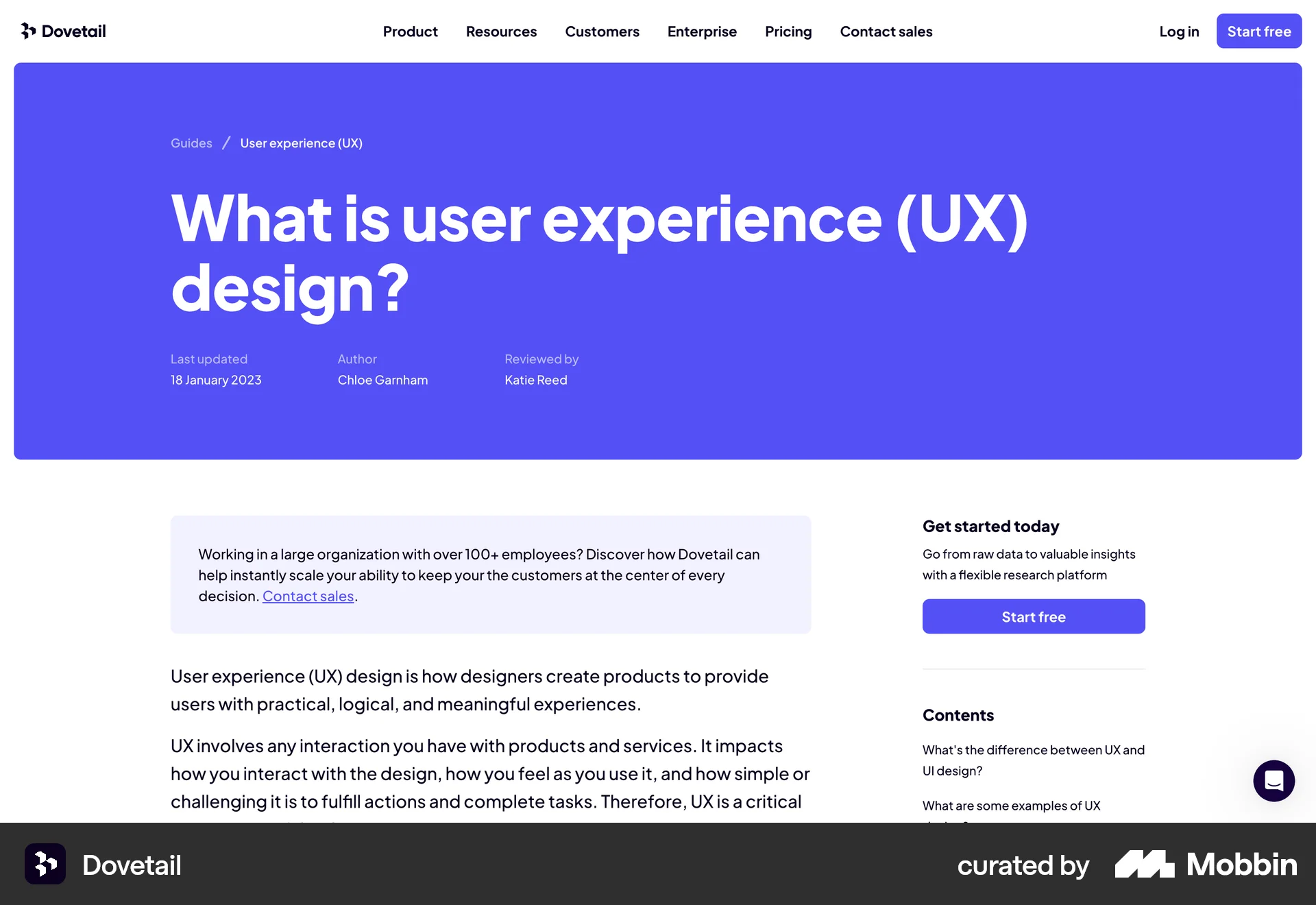 Dovetail Web Article Detail screen