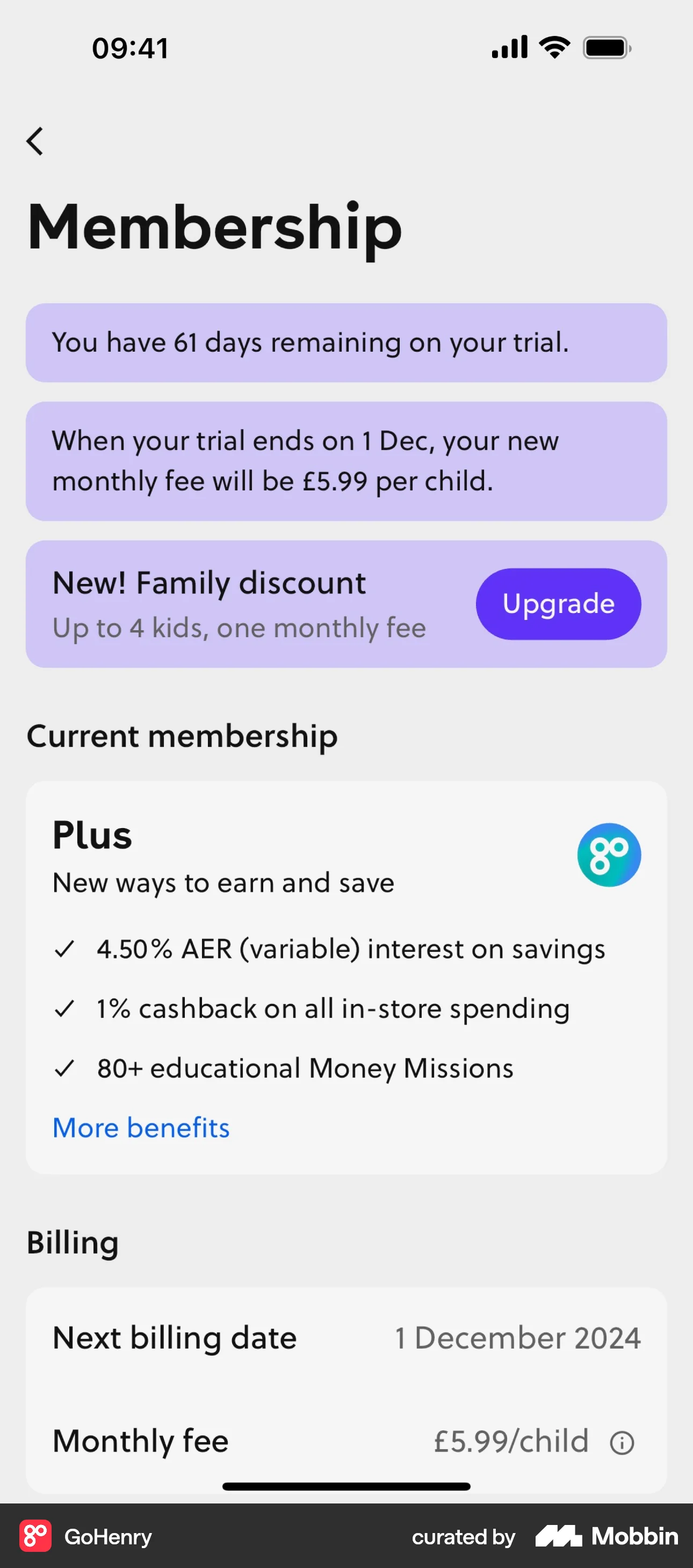 GoHenry iOS Billing screen