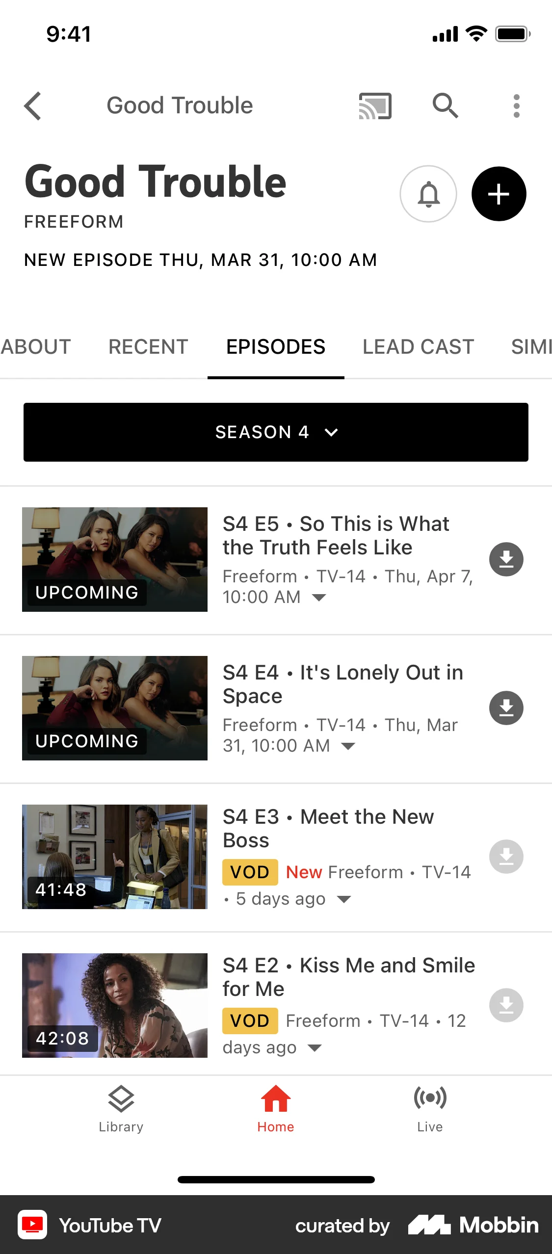 YouTube TV iOS TV Show & Movie Detail screen